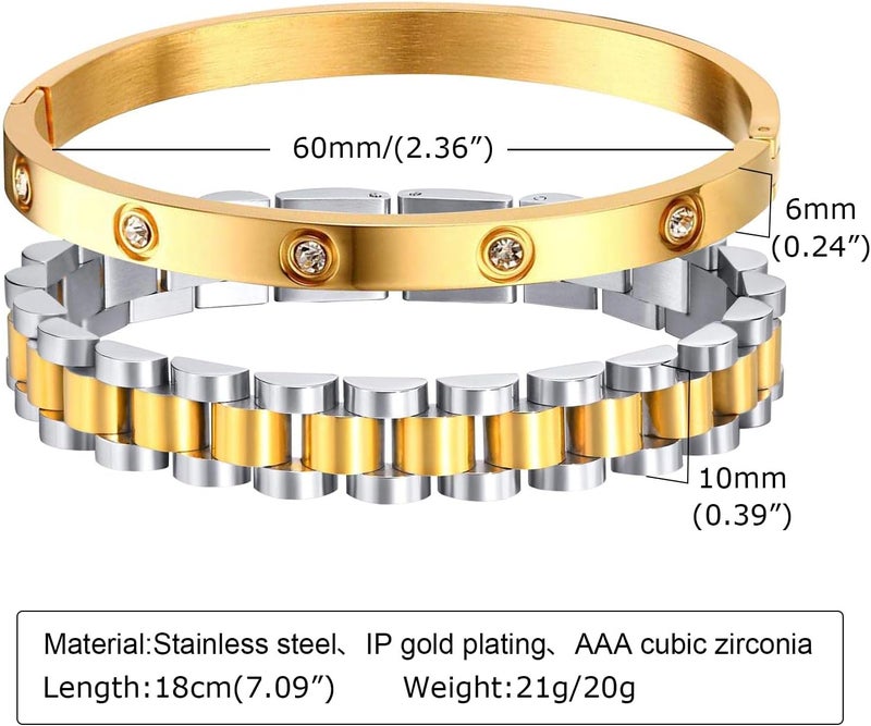 MPRAINBOW 2pcs 18K Gold Plated Chain Link Bracelet, Stainless Steel Crystal Friendship Bracelets Bangle,Watch Band Chains Wristband Jewelry with Adjust Tool - Image 3